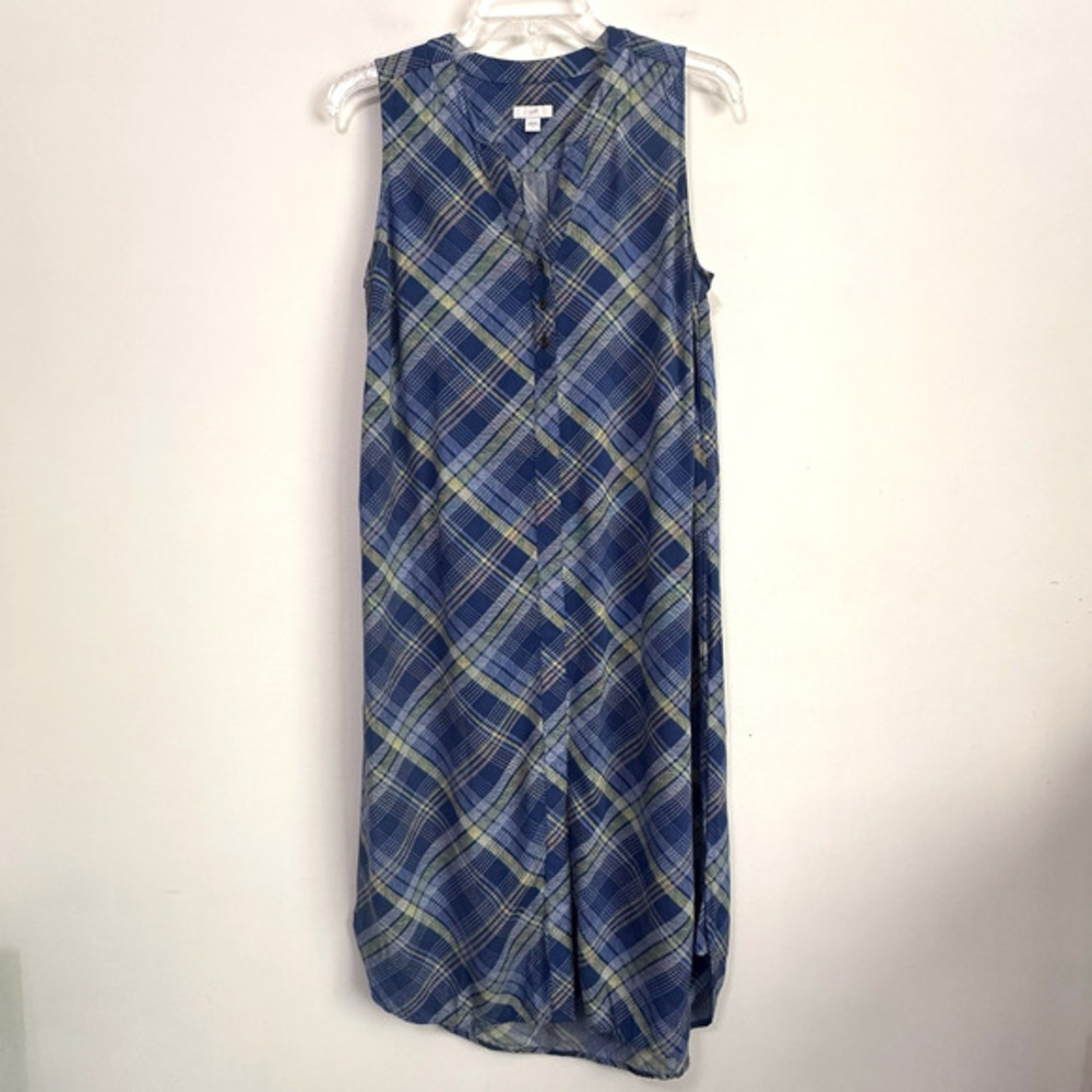 J Jill Rayon Midi Dress S Blue Plaid Sleeveless V Neck Summer Shift Travel Light